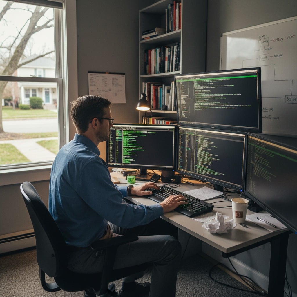 A man wearing glasses and a blue button-down shirt sits at a desk with four computer monitors displaying lines of code.